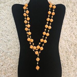 Vintage Orange Long Bead Necklace Gold Accwnt Beads
